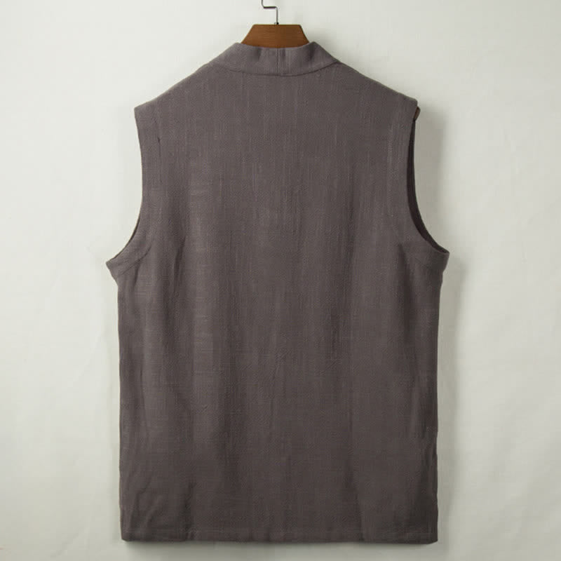 Buddha Stones Spring Summer Fall Tang Style Minimalist Frog Button Solid Cotton Linen Men's Vests With Pocket - image 1