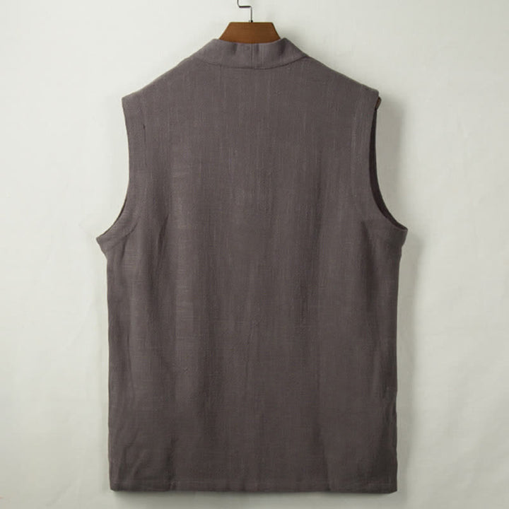 Buddha Stones Spring Summer Fall Tang Style Minimalist Frog Button Solid Cotton Linen Men's Vests With Pocket - image 1