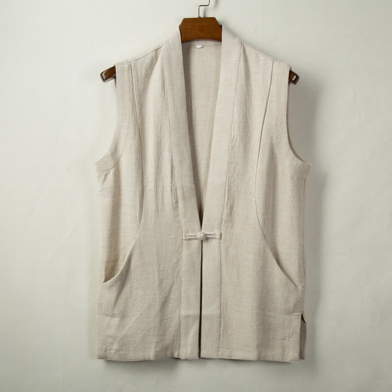 Buddha Stones Spring Summer Fall Tang Style Minimalist Frog Button Solid Cotton Linen Men's Vests With Pocket - Beige - US/UK/AU44，EU54 (4XL) - image 6