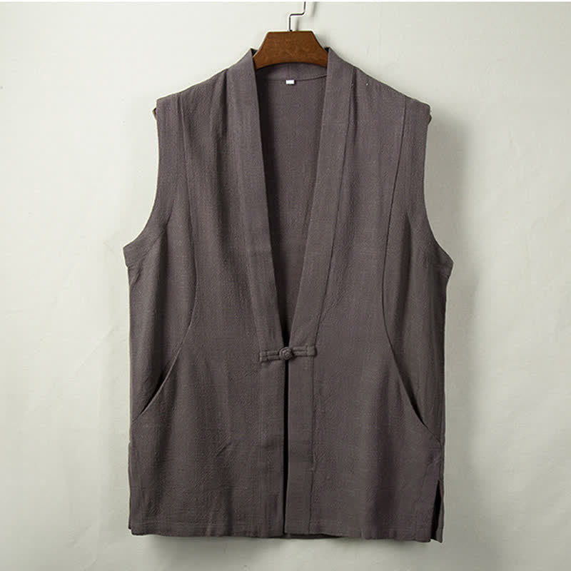 Buddha Stones Spring Summer Fall Tang Style Minimalist Frog Button Solid Cotton Linen Men's Vests With Pocket - DimGray - US/UK/AU44，EU54 (4XL) - image 0