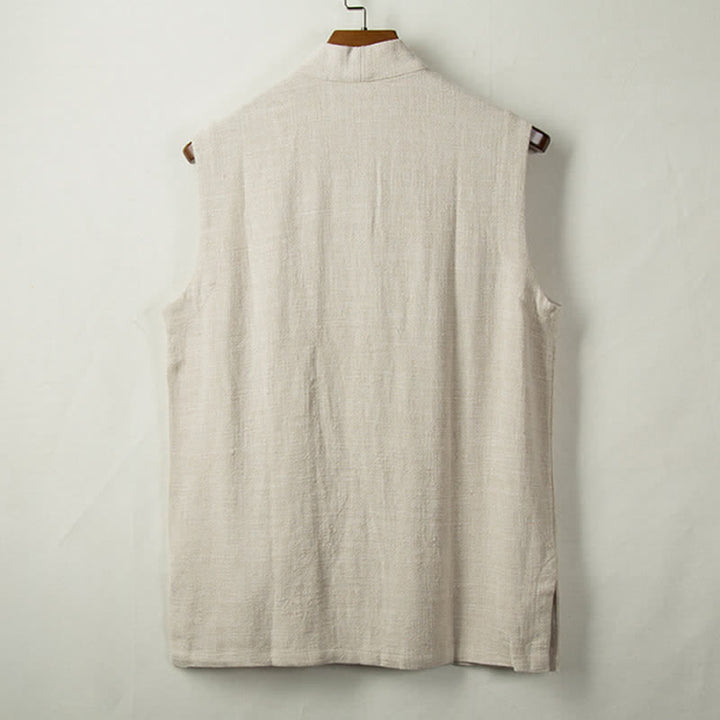 Buddha Stones Spring Summer Fall Tang Style Minimalist Frog Button Solid Cotton Linen Men's Vests With Pocket - image 7
