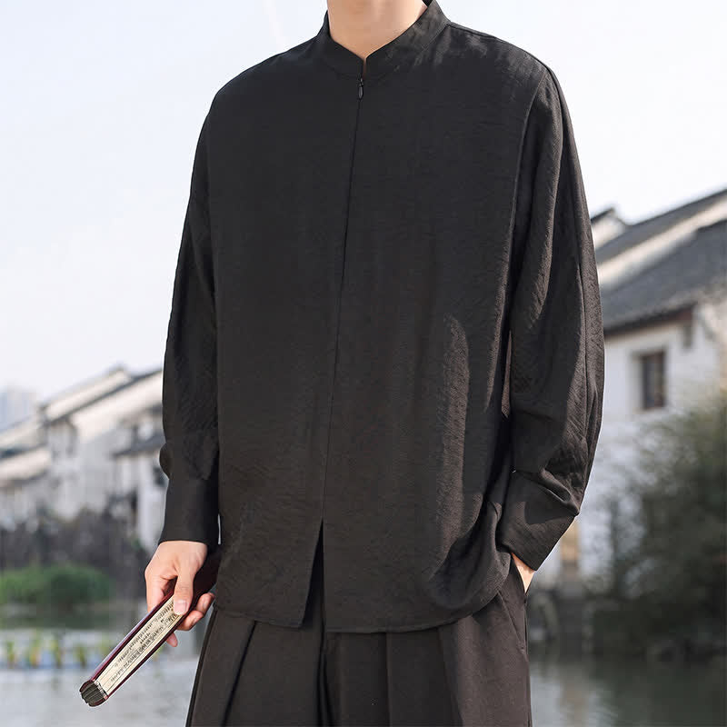 Buddha Stones Spring Summer Casual Minimalist Tang Style Mandarin Collar Solid Men's Long Sleeve Shirts - image 14