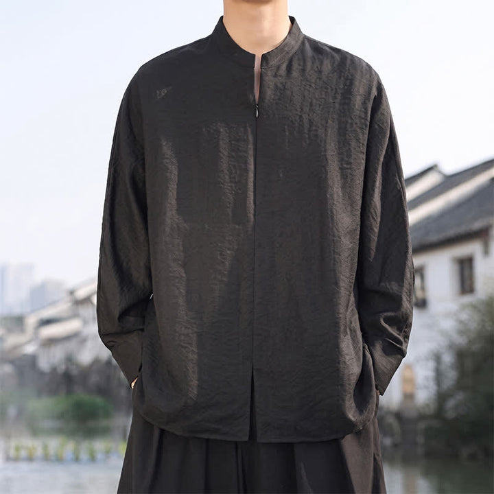 Buddha Stones Spring Summer Casual Minimalist Tang Style Mandarin Collar Solid Men's Long Sleeve Shirts - Black - US/UK/AU46，EU56 (5XL) - image 10
