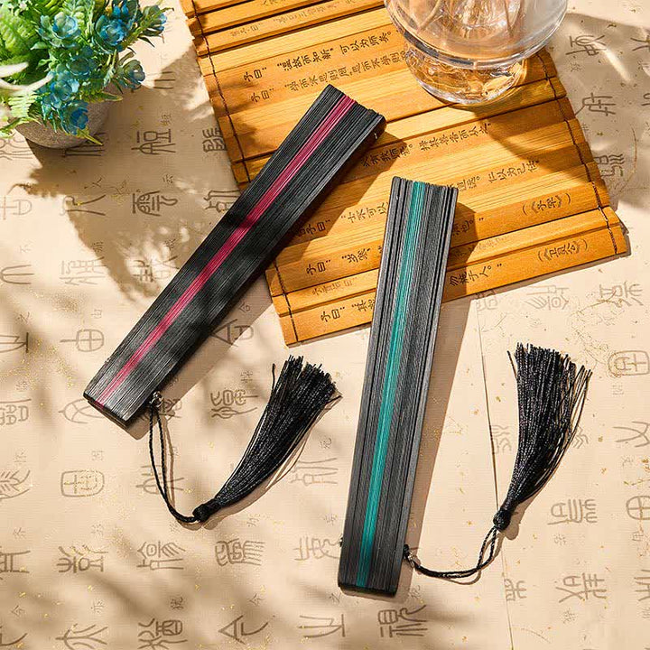 Buddha Stones Bamboo Butterfly Transformation Tassel Chinese Folding Fan - image 14