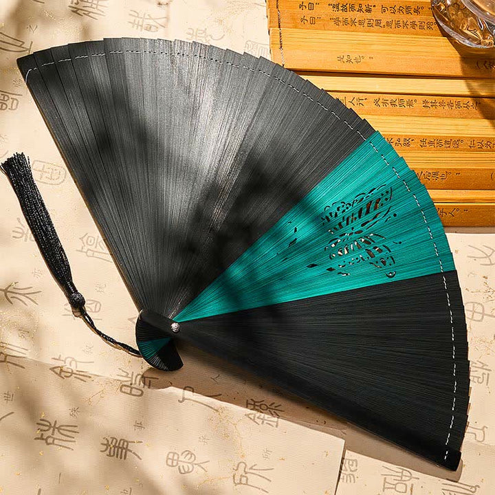 Buddha Stones Bamboo Butterfly Transformation Tassel Chinese Folding Fan - Black/Green Butterfly(Closed Size: Approx. 18–19 cm / 7.1–7.5 in) - image 8