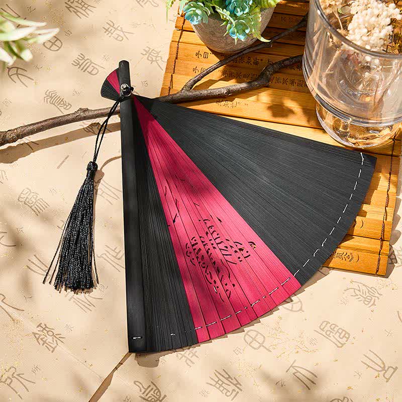 Buddha Stones Bamboo Butterfly Transformation Tassel Chinese Folding Fan - image 2