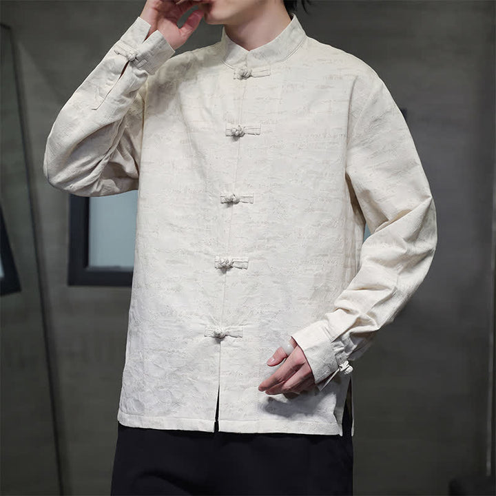 Buddha Stones Fall Tang Style Vintage Frog Button Floral Men's Long Sleeve Shirts - image 5