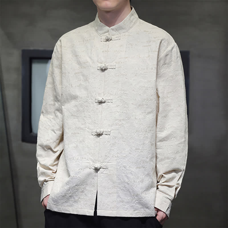 Buddha Stones Fall Tang Style Vintage Frog Button Floral Men's Long Sleeve Shirts - image 4