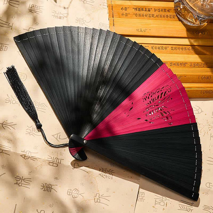 Buddha Stones Bamboo Butterfly Transformation Tassel Chinese Folding Fan - Black/Red Butterfly(Closed Size: Approx. 18–19 cm / 7.1–7.5 in) - image 0