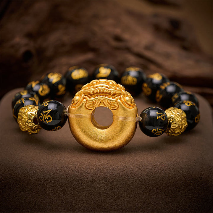 Buddha Stones Black Obsidian Pi Xiu Peace Buckle Om Mani Padme Hum Wealth Bracelet - Black Obsidia(Wrist Circumference: 6.7–7.1 in / 17–18 cm) - image 0