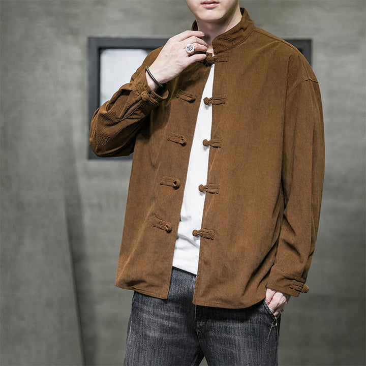 Buddha Stones Fall Winter Casual Tang Style Frog Button Solid Cotton Men's Jacket - image 2
