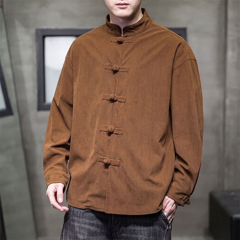 Buddha Stones Fall Winter Casual Tang Style Frog Button Solid Cotton Men's Jacket - image 3