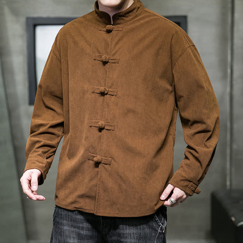 Buddha Stones Fall Winter Casual Tang Style Frog Button Solid Cotton Men's Jacket - image 5