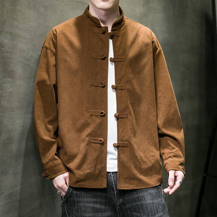 Buddha Stones Fall Winter Casual Tang Style Frog Button Solid Cotton Men's Jacket - image 1