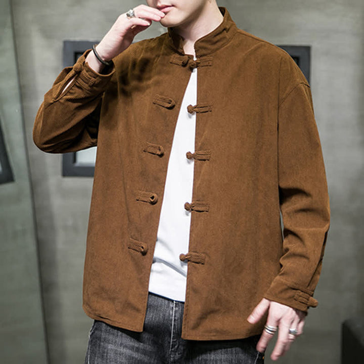 Buddha Stones Fall Winter Casual Tang Style Frog Button Solid Cotton Men's Jacket - image 6