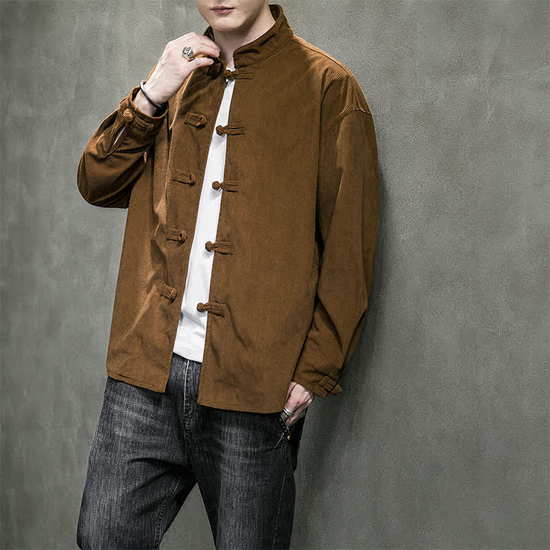 Buddha Stones Fall Winter Casual Tang Style Frog Button Solid Cotton Men's Jacket - image 9