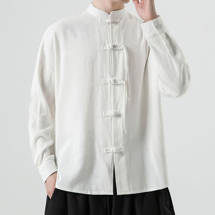 Buddha Stones Fall Winter Tang Style Vintage Frog Button Solid Cotton Linen Men's Jacket - image 10