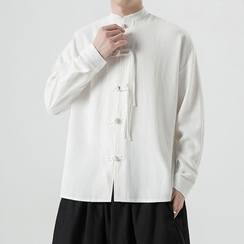 Buddha Stones Fall Winter Tang Style Vintage Frog Button Solid Cotton Linen Men's Jacket - image 13
