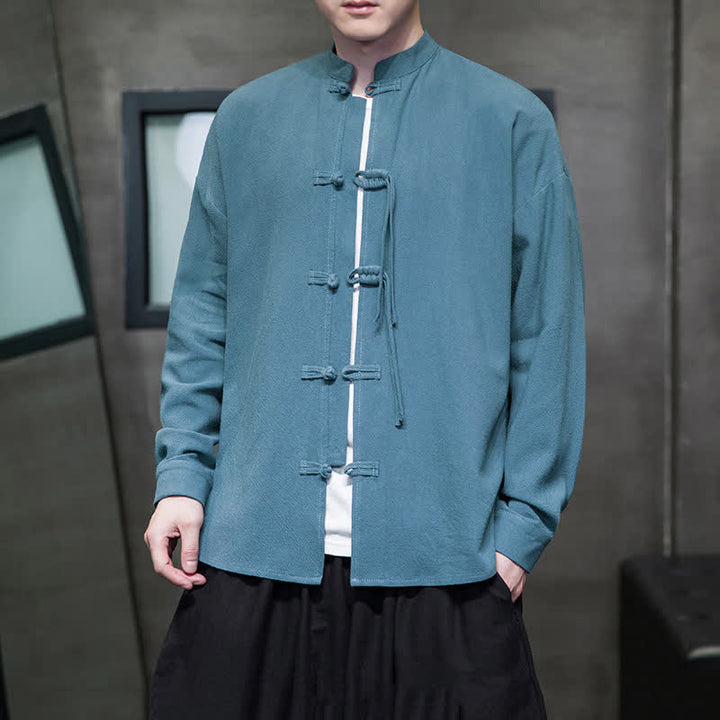 Buddha Stones Fall Winter Tang Style Vintage Frog Button Solid Cotton Linen Men's Jacket - CadetBlue - US/UK/AU46，EU56 (5XL) - image 0