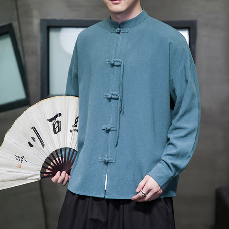 Buddha Stones Fall Winter Tang Style Vintage Frog Button Solid Cotton Linen Men's Jacket - image 4