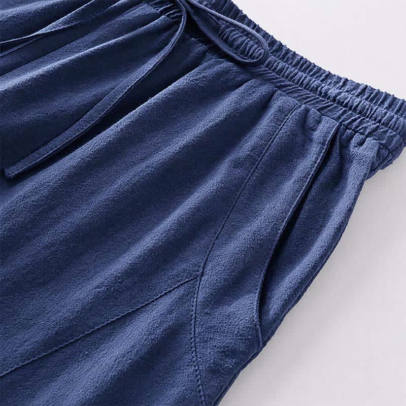 Buddha Stones 2Pcs Spring Summer Minimalist Drawstring Solid Elbow-Length Sleeve Shirt Pants Cotton Men's Meditation Cloth With Pocket - image 14
