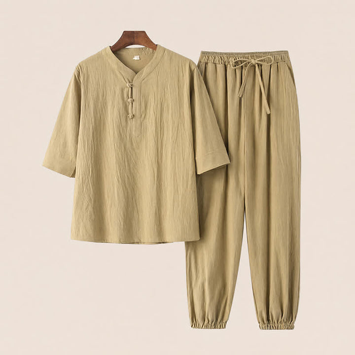 Buddha Stones 2Pcs Spring Summer Tang Style Mandarin Collar Elbow-Length Sleeve Solid Shirt Pants Cotton Men's Meditation Cloth With Pockets - PaleGoldenrod - US/UK/AU44，EU54 (4XL) - image 18