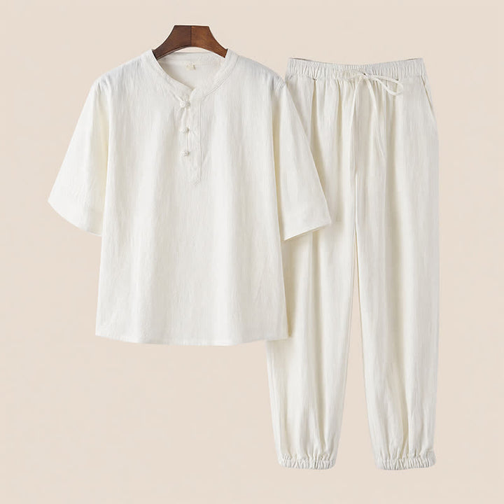 Buddha Stones 2Pcs Spring Summer Tang Style Mandarin Collar Elbow-Length Sleeve Solid Shirt Pants Cotton Men's Meditation Cloth With Pockets - White - US/UK/AU44，EU54 (4XL) - image 20