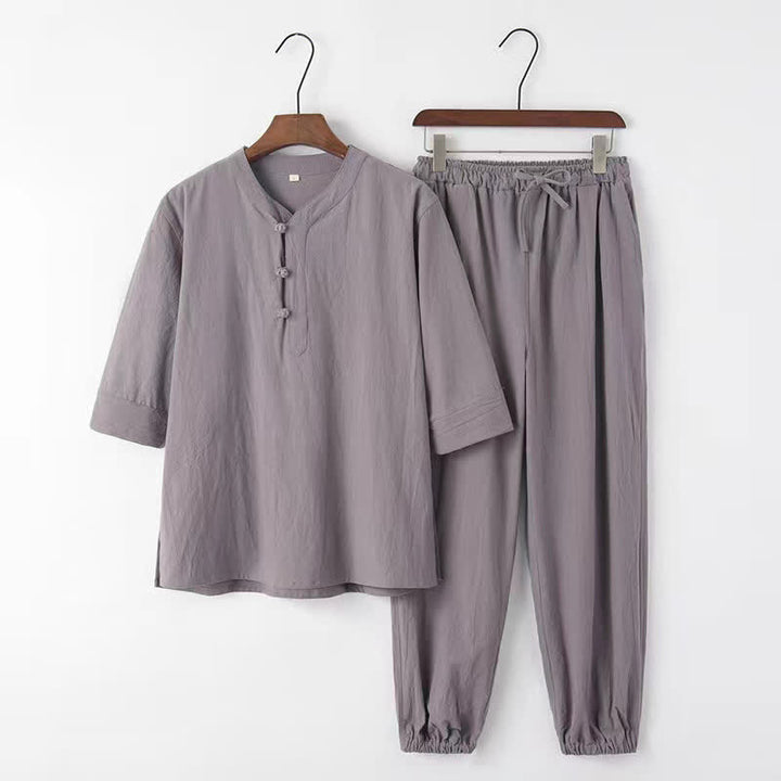 Buddha Stones 2Pcs Spring Summer Tang Style Mandarin Collar Elbow-Length Sleeve Solid Shirt Pants Cotton Men's Meditation Cloth With Pockets - Gray - US/UK/AU44，EU54 (4XL) - image 0