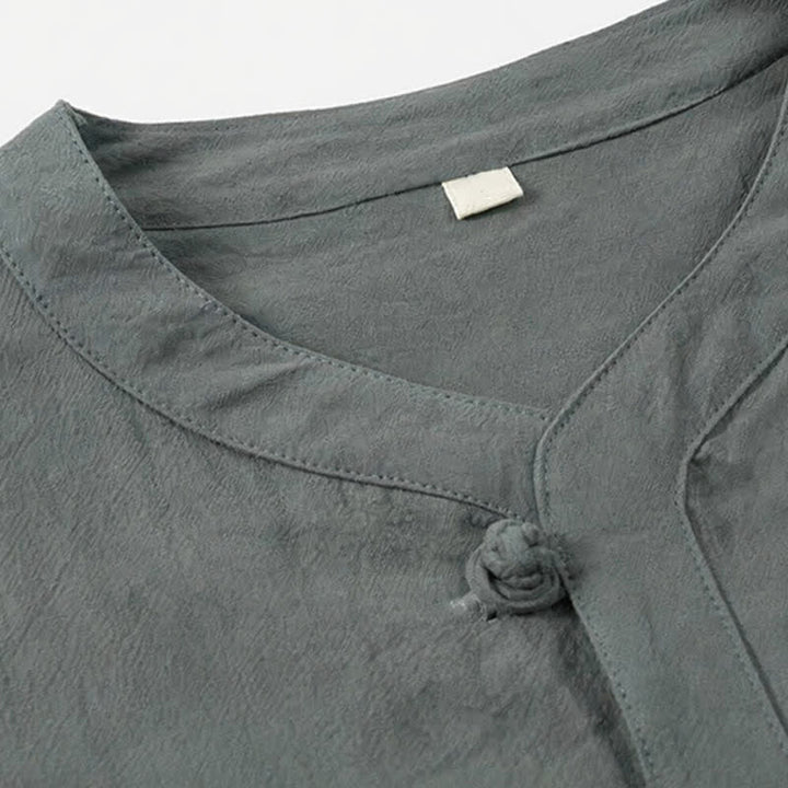 Buddha Stones 2Pcs Spring Summer Tang Style Mandarin Collar Elbow-Length Sleeve Solid Shirt Pants Cotton Men's Meditation Cloth With Pockets - image 6