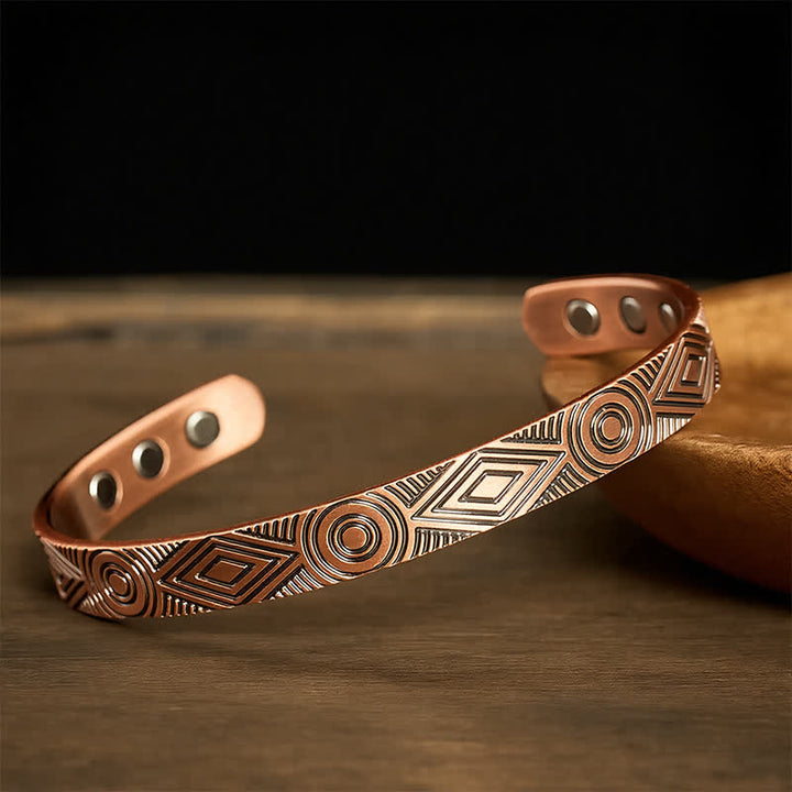 Buddha Stones Red Copper Grounding Geometric Engraved Open Cuff Bracelet - image 7