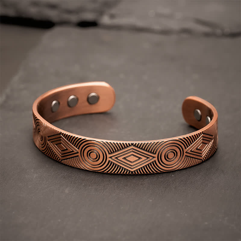Buddha Stones Red Copper Grounding Geometric Engraved Open Cuff Bracelet - 12mm (Inner Diameter:  Approx.  55mm) - image 0