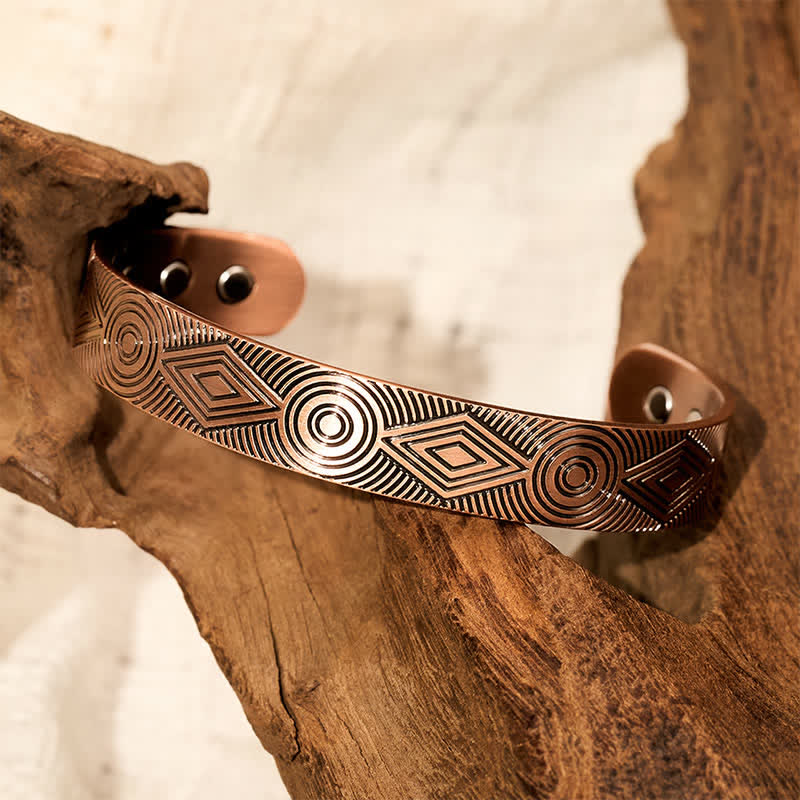Buddha Stones Red Copper Grounding Geometric Engraved Open Cuff Bracelet - image 2