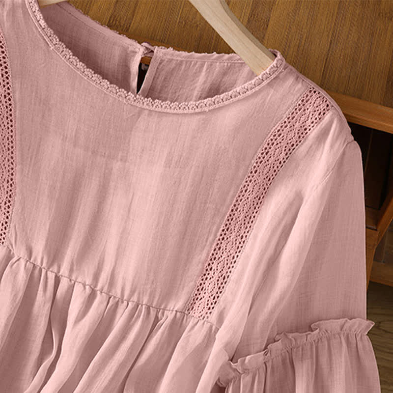 Buddha Stones Summer Casual Elegant Solid Crew Neck Lace Trim Women's Short Sleeve T-Shirts - image 5