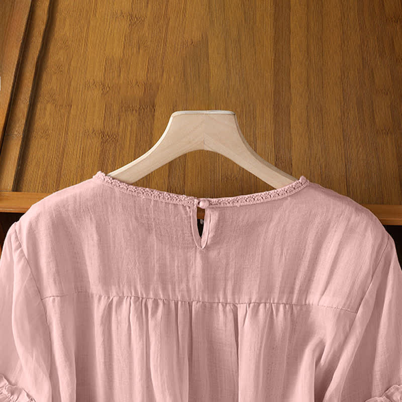 Buddha Stones Summer Casual Elegant Solid Crew Neck Lace Trim Women's Short Sleeve T-Shirts - image 4