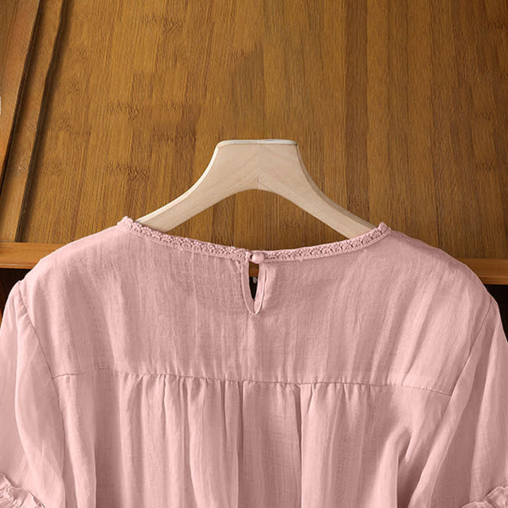 Buddha Stones Summer Casual Elegant Solid Crew Neck Lace Trim Women's Short Sleeve T-Shirts - image 4