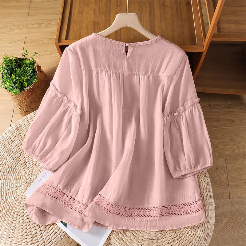 Buddha Stones Summer Casual Elegant Solid Crew Neck Lace Trim Women's Short Sleeve T-Shirts - image 1