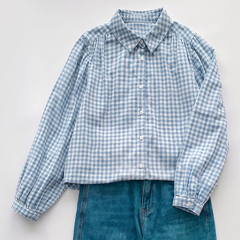 Buddha Stones Spring Fall Casual Vintage Button-Up Plaid Pattern Women's Long Sleeve Shirts - LightSteelBlue - US8-10, UK/AU12-14, EU40-42 (2XL) - image 0