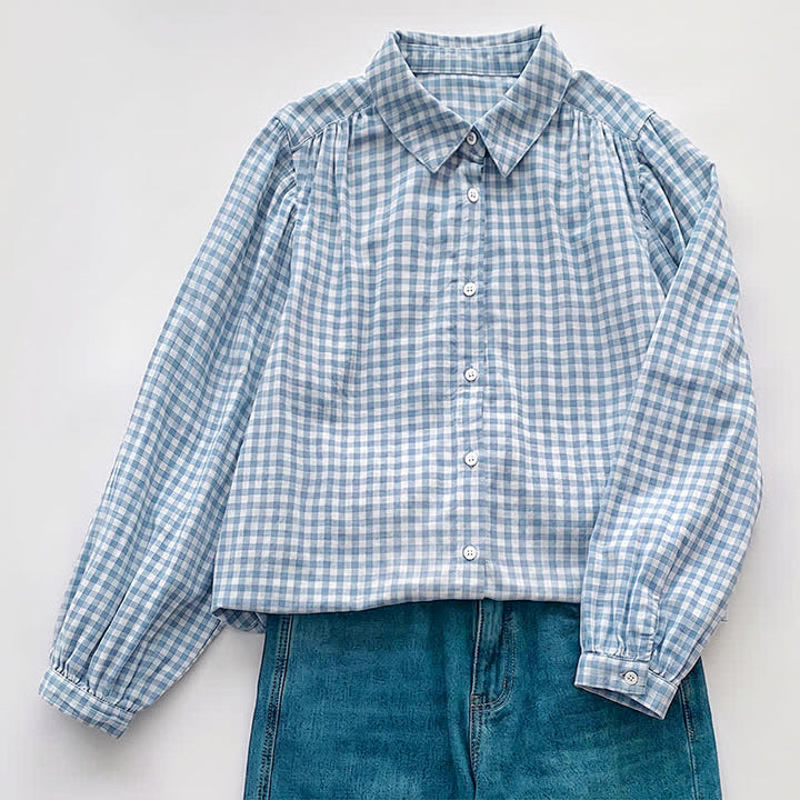 Buddha Stones Spring Fall Casual Vintage Button-Up Plaid Pattern Women's Long Sleeve Shirts - LightSteelBlue - US8-10, UK/AU12-14, EU40-42 (2XL) - image 0