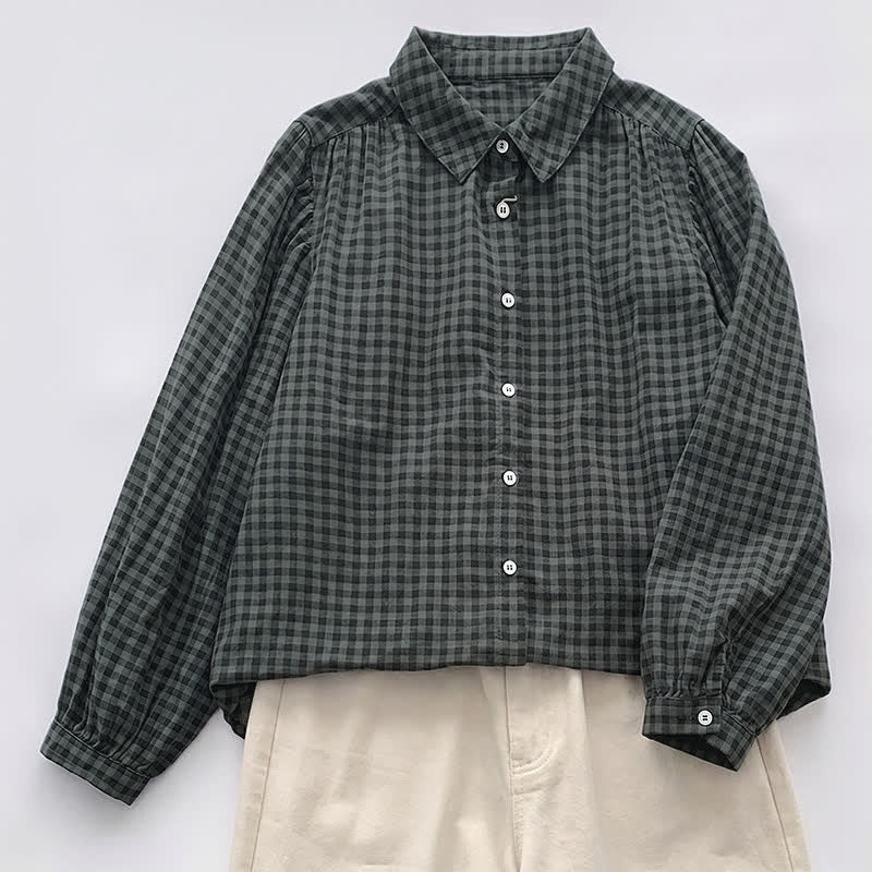 Buddha Stones Spring Fall Casual Vintage Button-Up Plaid Pattern Women's Long Sleeve Shirts - DarkOliveGreen - US8-10, UK/AU12-14, EU40-42 (2XL) - image 11