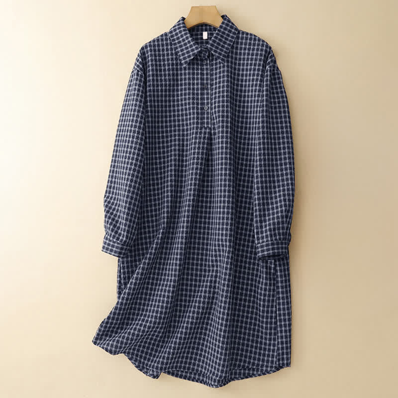 Buddha Stones Spring Fall Casual Vintage Button-Up Plaid Women's Long Sleeve Dress With Pockets - SteelBlue - US12, UK/AU16, EU44 (2XL) - image 0