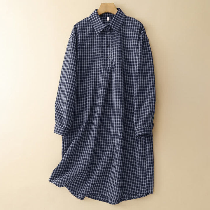 Buddha Stones Spring Fall Casual Vintage Button-Up Plaid Women's Long Sleeve Dress With Pockets - SteelBlue - US12, UK/AU16, EU44 (2XL) - image 0