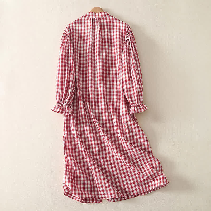 Buddha Stones Spring Casual Vintage Button-Up Gingham Women's Long Sleeve Dress With Pockets - image 1