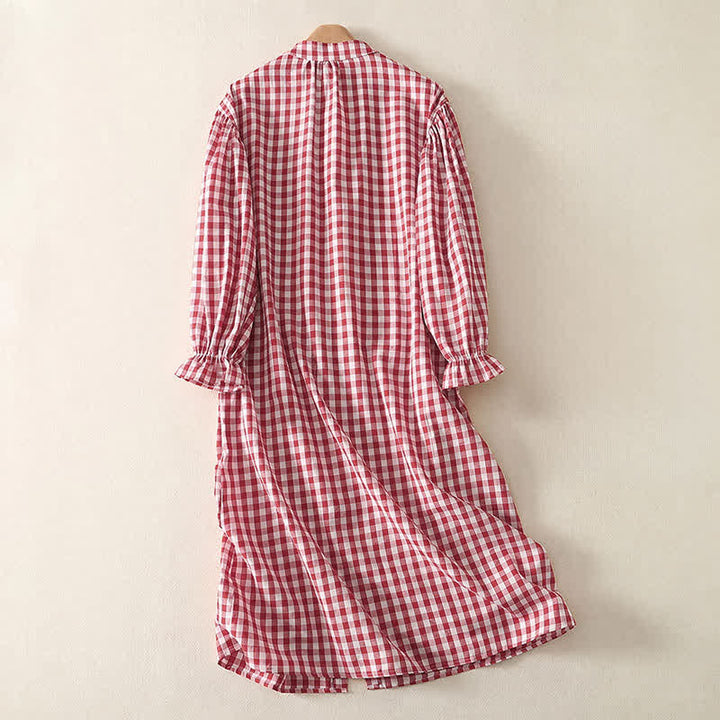 Buddha Stones Spring Casual Vintage Button-Up Gingham Women's Long Sleeve Dress With Pockets - image 1