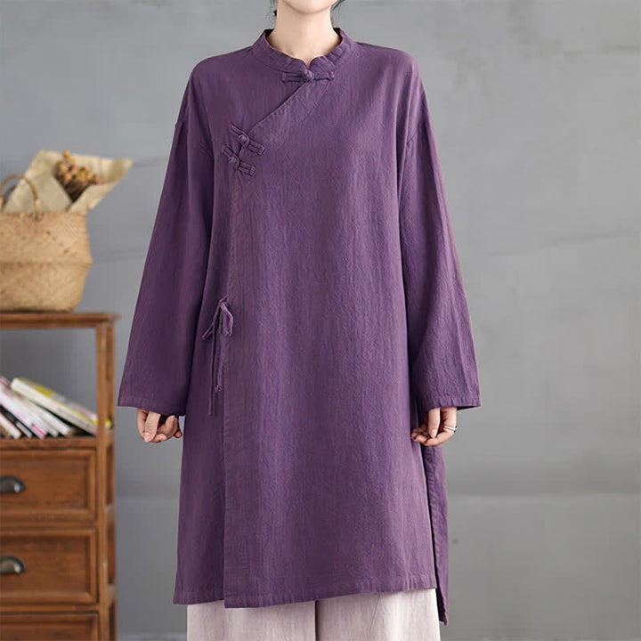 Buddha Stones Spring Fall Tang Style Vintage Mandarin Collar Frog Button Solid Women's Long Sleeve Shirts - image 1