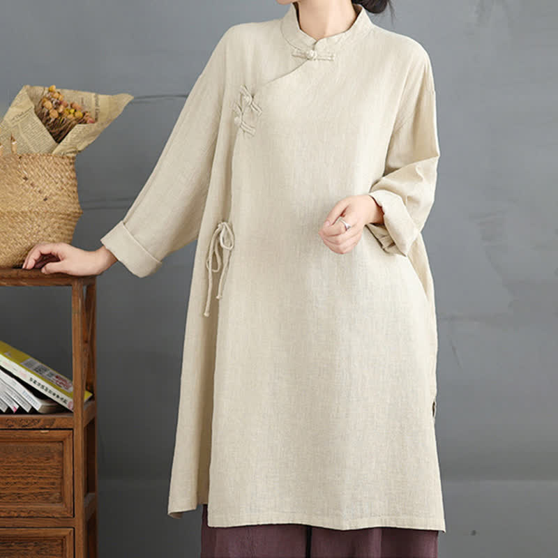 Buddha Stones Spring Fall Tang Style Vintage Mandarin Collar Frog Button Solid Women's Long Sleeve Shirts - Beige - US8-10, UK/AU12-14, EU40-42 (2XL) - image 6
