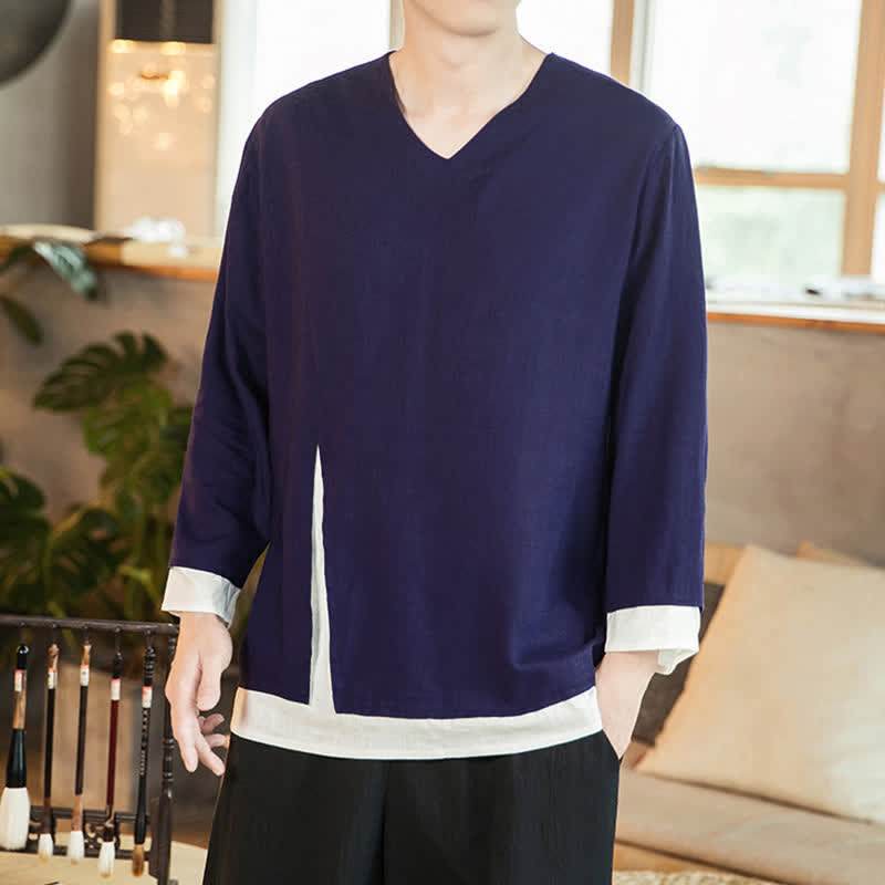 Buddha Stones Spring Fall Casual Minimalist Side Slit Solid Men's Long Sleeve T-Shirts - MidnightBlue - US/UK/AU46, EU56 (5XL) - image 0