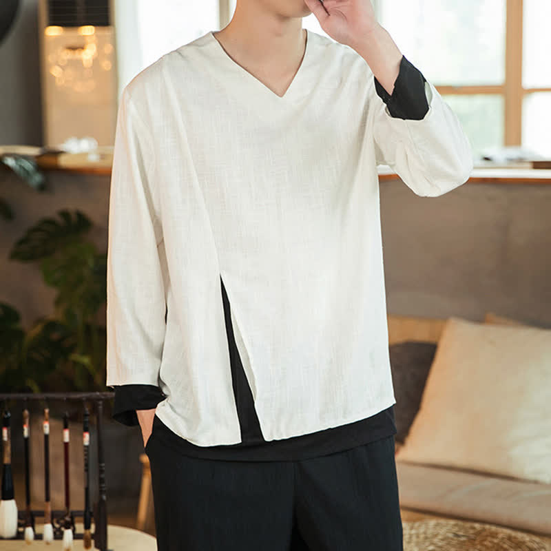 Buddha Stones Spring Fall Casual Minimalist Side Slit Solid Men's Long Sleeve T-Shirts - image 10