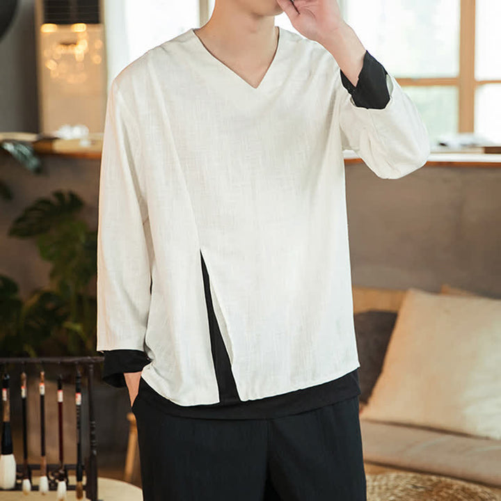 Buddha Stones Spring Fall Casual Minimalist Side Slit Solid Men's Long Sleeve T-Shirts - image 10