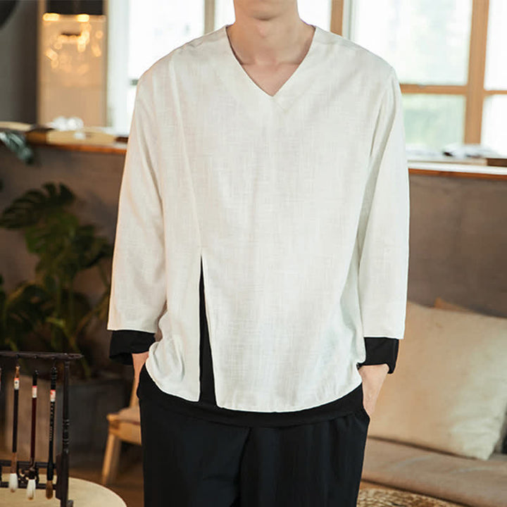 Buddha Stones Spring Fall Casual Minimalist Side Slit Solid Men's Long Sleeve T-Shirts - image 9
