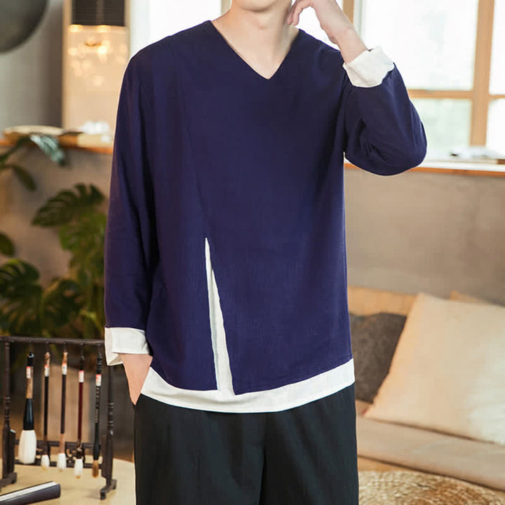 Buddha Stones Spring Fall Casual Minimalist Side Slit Solid Men's Long Sleeve T-Shirts - image 4